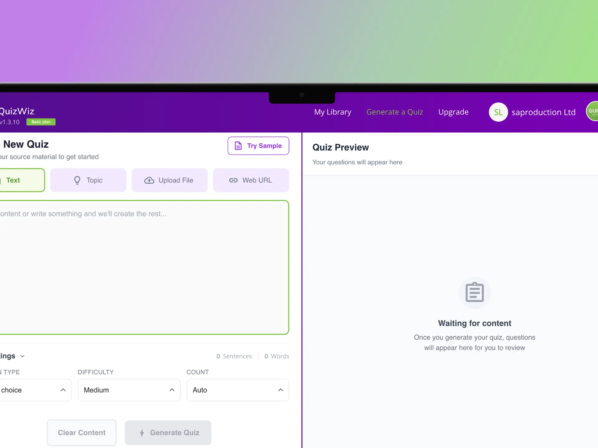 QuizWiz AI quiz generator interface showing multi-format quiz creation